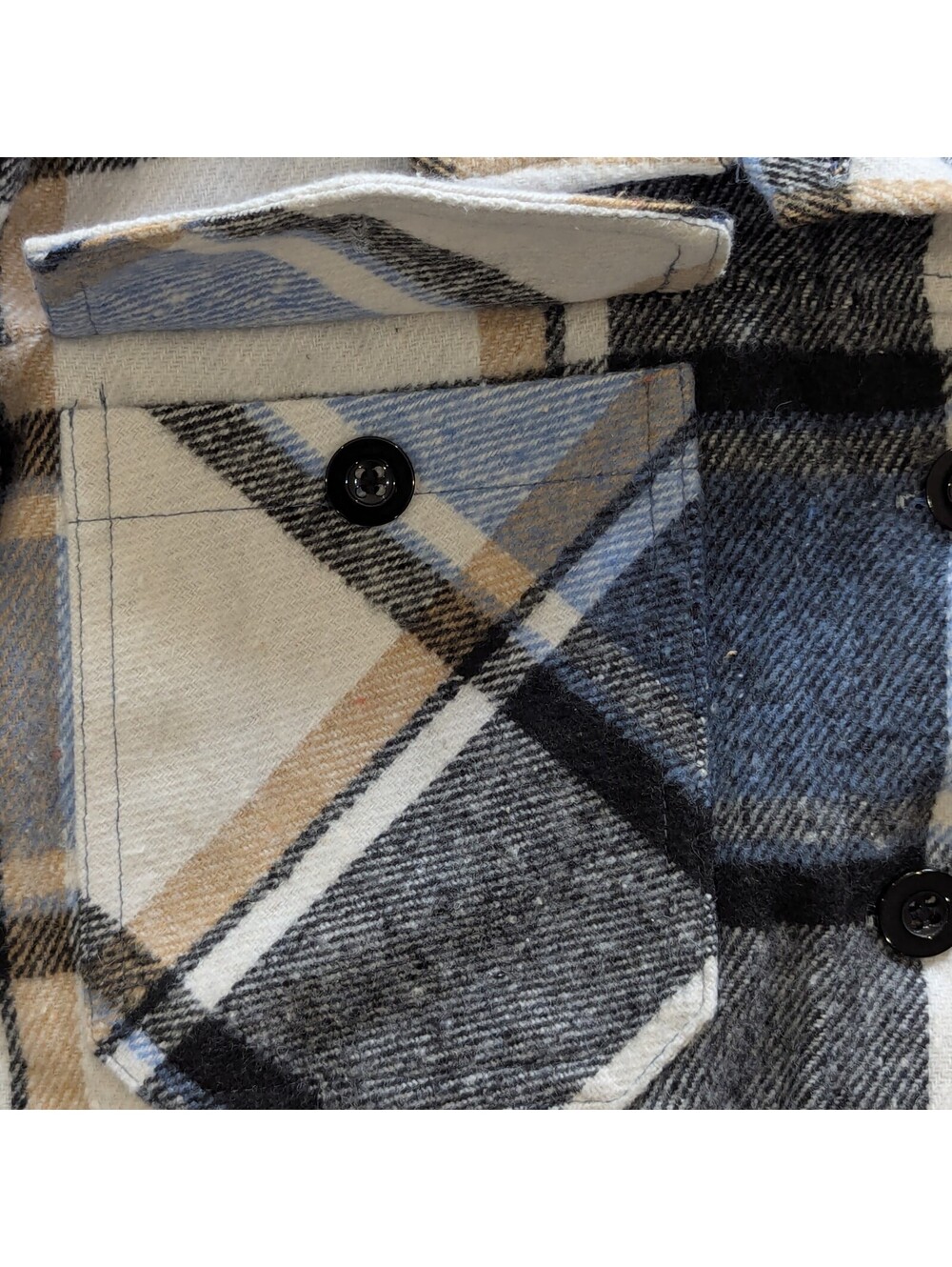 Shawnda Womens Cropped Plaid Flannel Shacket Jacket Small S Blue Tan Button Down - Picture 8 of 9